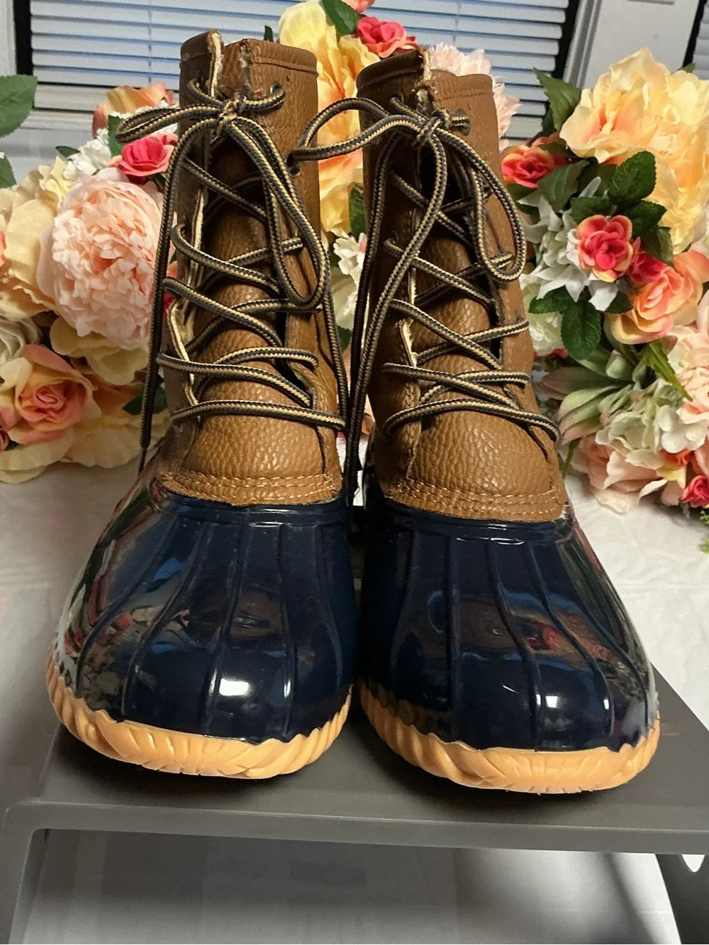 Sporto Dakota Duck Boots Women’s 8 Brown Navy Faux Fur Waterproof Rain Snow Lace